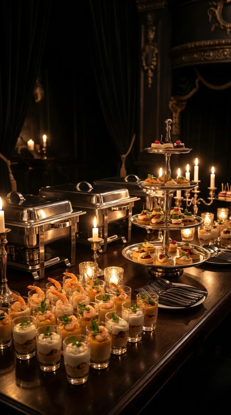 Festlich aufgebautes Silvester-Buffet im Kerzenschein: Flying Buffet auf silberner Etagere, Garnelen-Gläschen und Chafing Dishes im Black Table Magic Theater