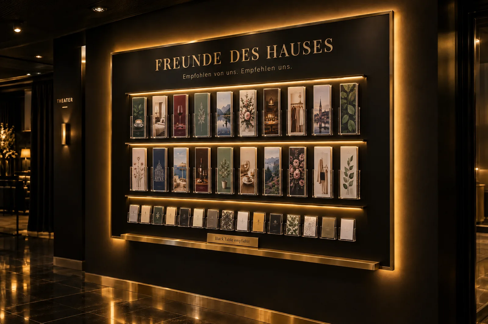 Die Wand „Freunde des Hauses“ im Foyer des Black Table: Flyer im Langformat und Visitenkarten, warm hinterleuchtet
