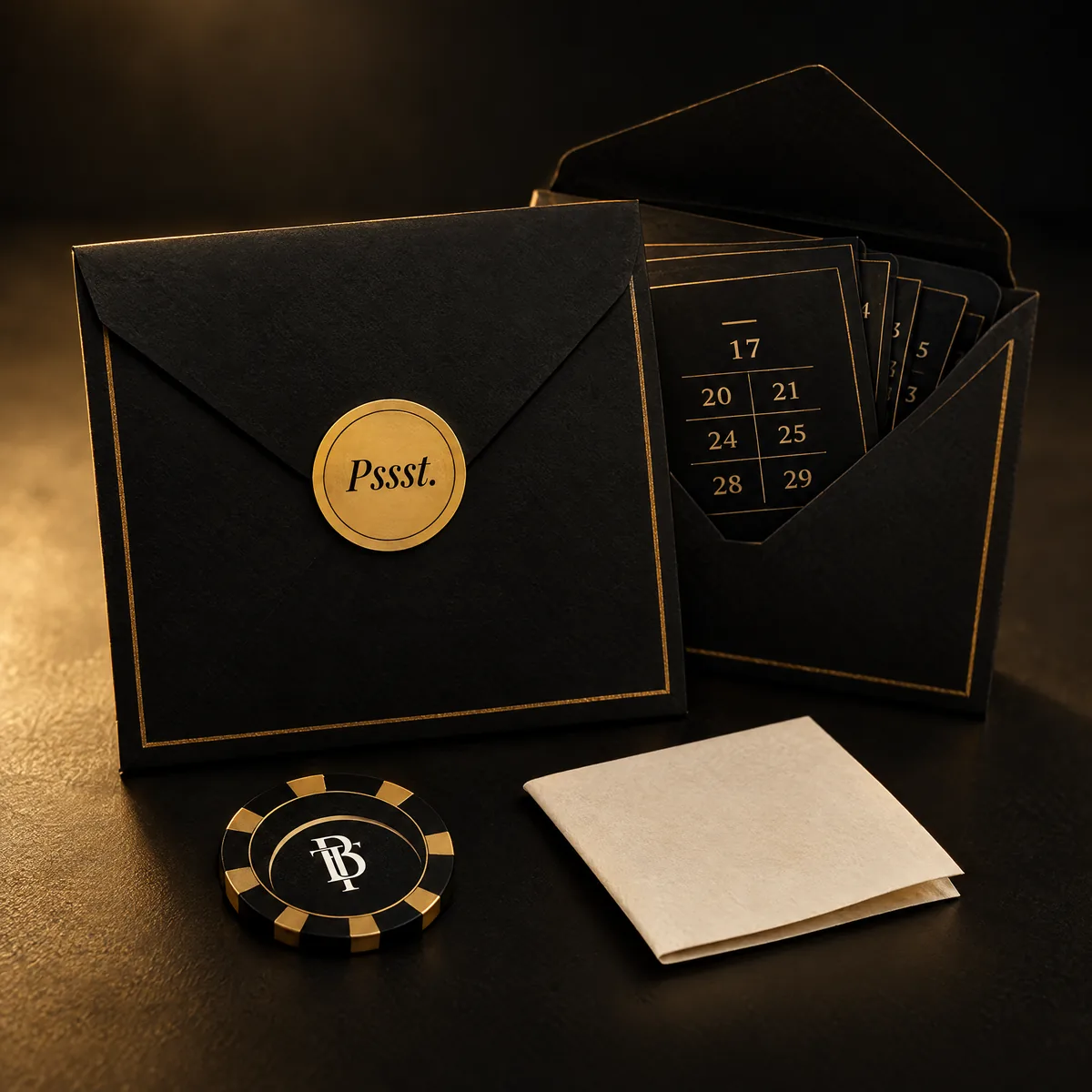 Schwarzer Umschlag mit goldenem Siegel „Pssst.“, daneben Zahlenkarten, ein schwarz-goldener Casino-Chip und ein gefalteter Zettel