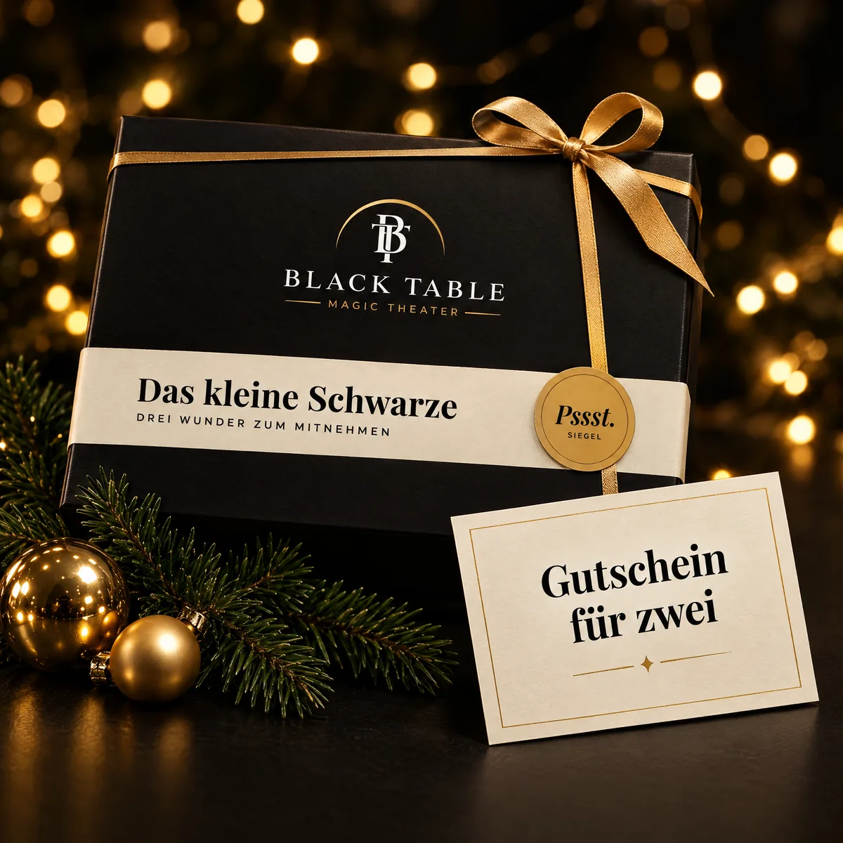 Schwarze Box „Das kleine Schwarze“ mit goldener Schleife, daneben eine Karte „Gutschein für zwei“, Tannenzweig und goldene Kugeln