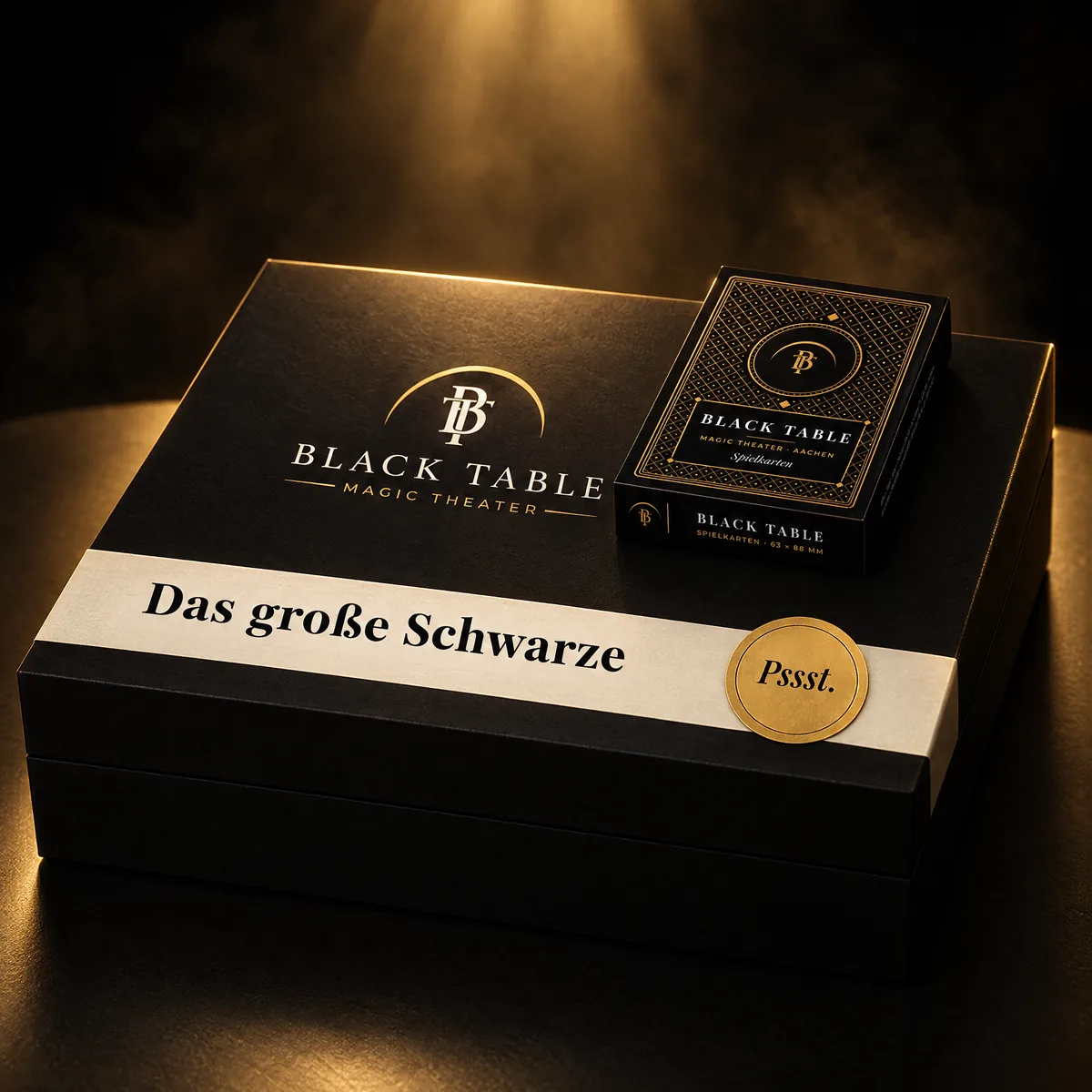 Große schwarze Box „Das große Schwarze“ mit Goldsiegel, obenauf die schwarz-goldene Black-Table-Spielkartenschachtel
